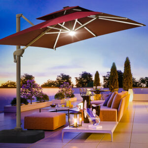 10ft Cantilever Outside Backyard Umbrella with Photo voltaic Lights – 3m Sq. Aluminum Offset Patio Parasol