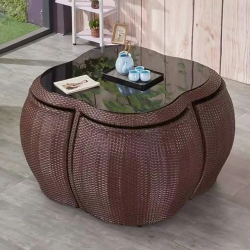 Modern Out of doors Furnishings Assortment: Rattan Couch and Backyard Desk & Chairs Set for Patios and Parks