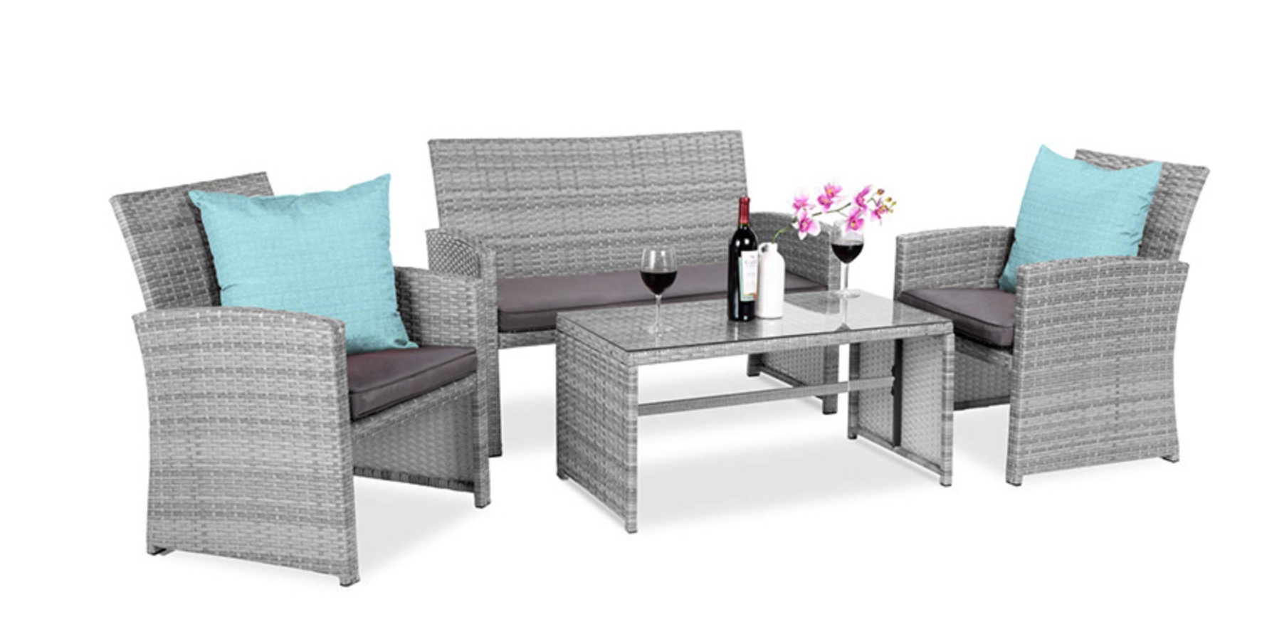 Modern Patio Dialog Set with Wicker Rattan Sectional Couch and Glass High Desk for Outside Use